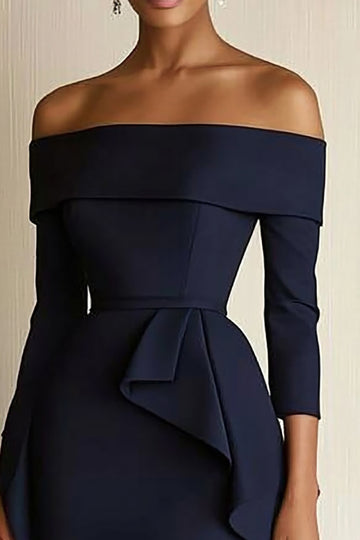 Navy Off the Shoulder Satin Short Work Dress